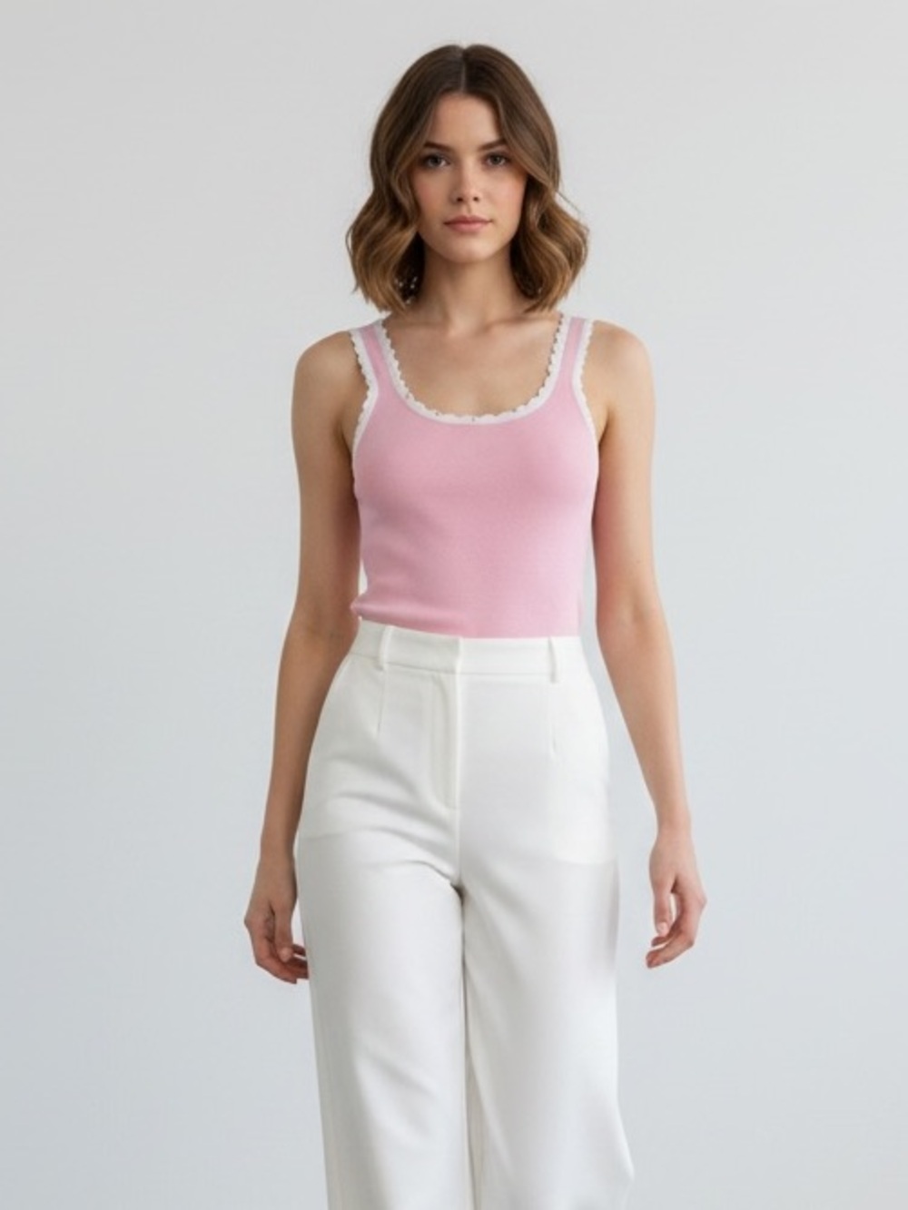 1316 • Pink & White Rayon Blend Pearl Stud & Scallop Embellished Knit Tank Top